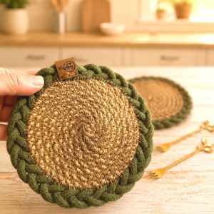 Posavasos artesanales de yute y verde musgo
