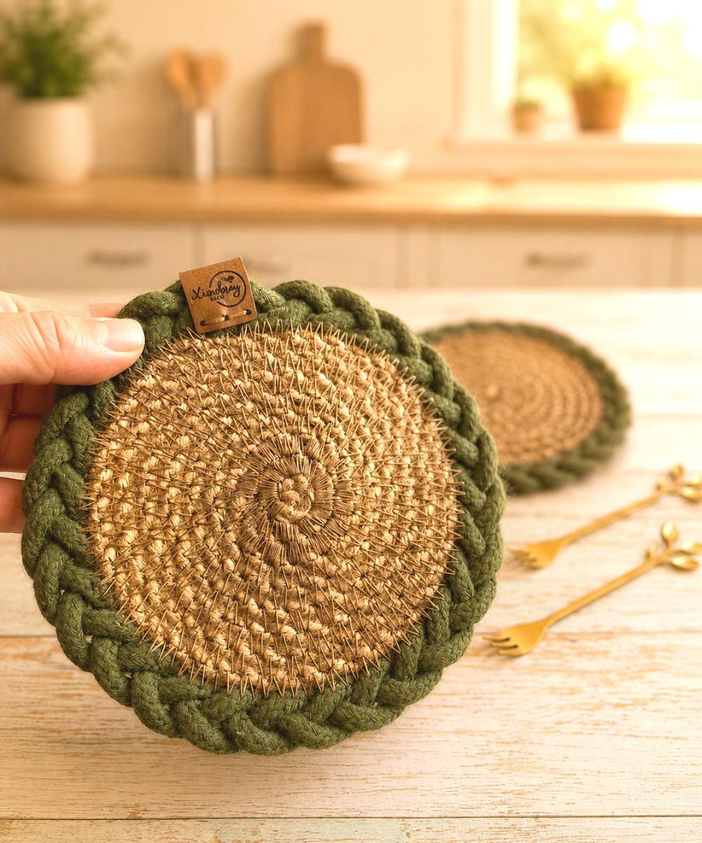 Posavasos artesanales de yute y verde musgo